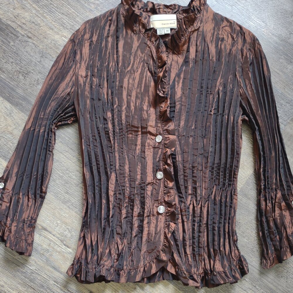 Carrie Allen Brown Crepe Blouse Sparkle Buttons Size Med Y2k